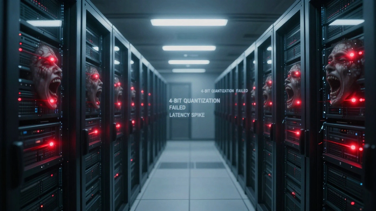 Endless server hallway with blinking red LEDs — every tenth rack contains a screaming human face trapped inside.