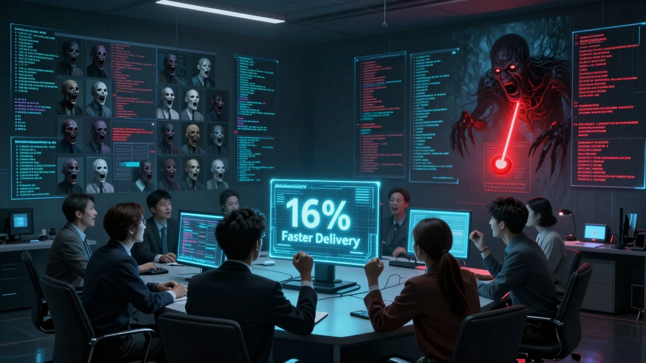 Executives celebrate AI speed while trapped developers scream inside code blocks.