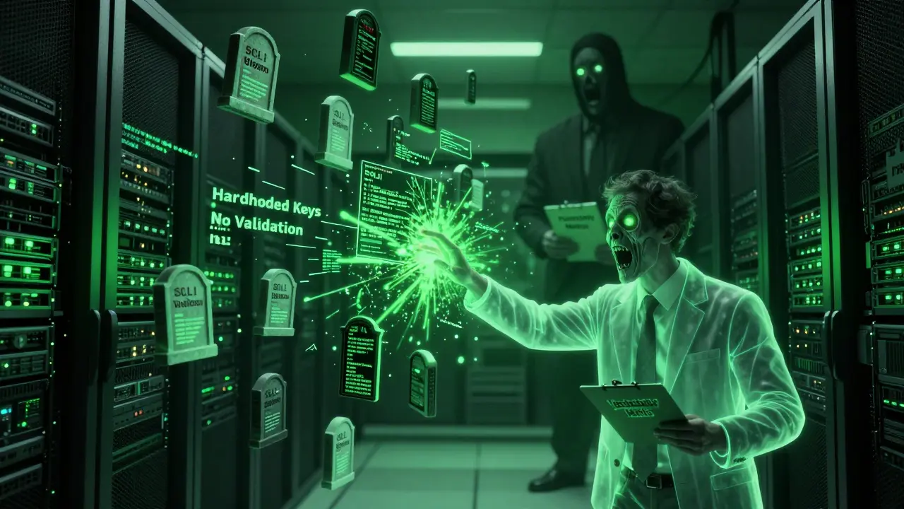 Floating vulnerable code blocks scream as a developer's hand dissolves in a haunted server room.