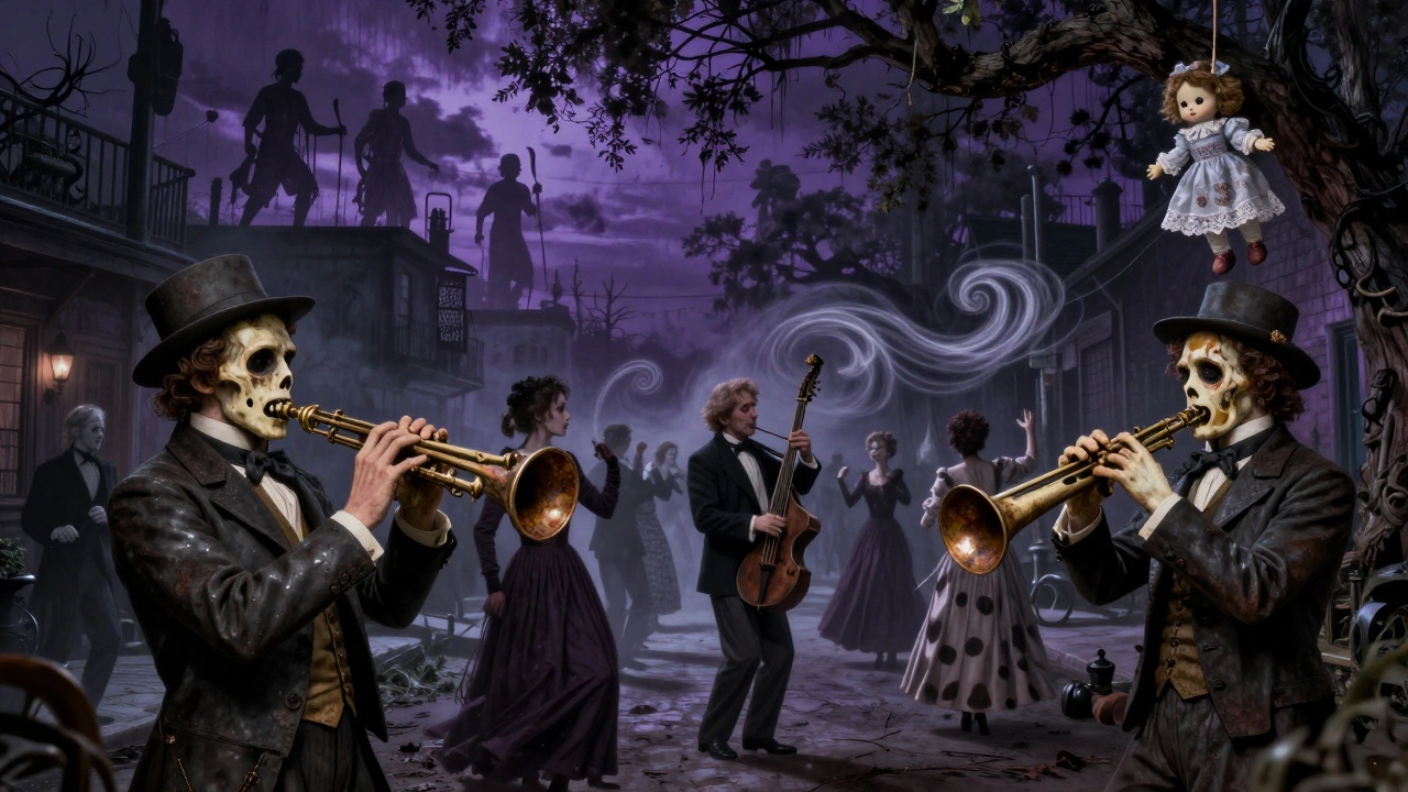 Ghostly musicians in a haunted street, playing bone instruments as spectral crowds dance under a bruised sky.