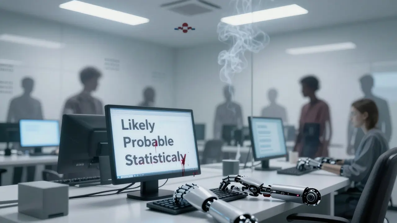 Robotic hands type in a sterile office as shadowy people vanish from walls, replaced by rising bias scores under flickering lights.