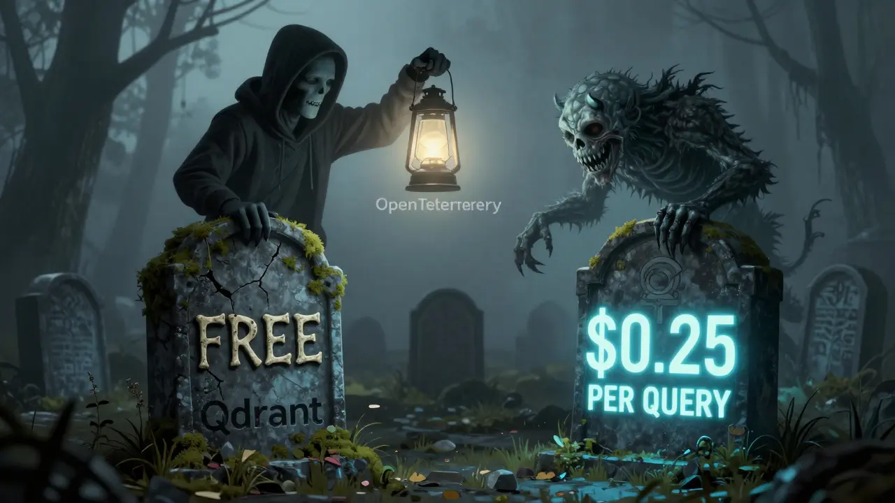 Two tombstones representing Qdrant and Pinecone in a graveyard of failed chatbots, lit by an engineer's lantern.