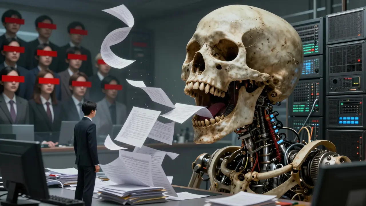 A biomechanical RAG engine consuming screaming documents, with audit logs spiraling and silent, violated faces watching.