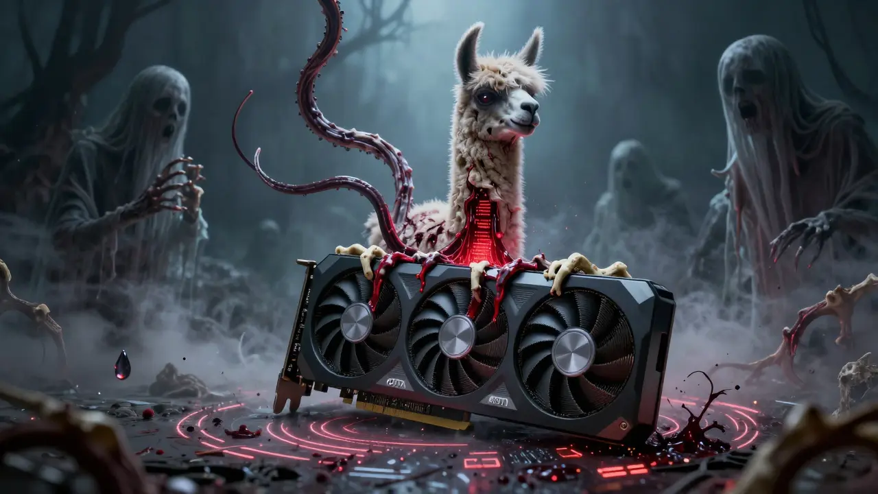 A consumer GPU with bone-like fins, merging LoRA weights as ghostly full-finetuned models disintegrate around it.