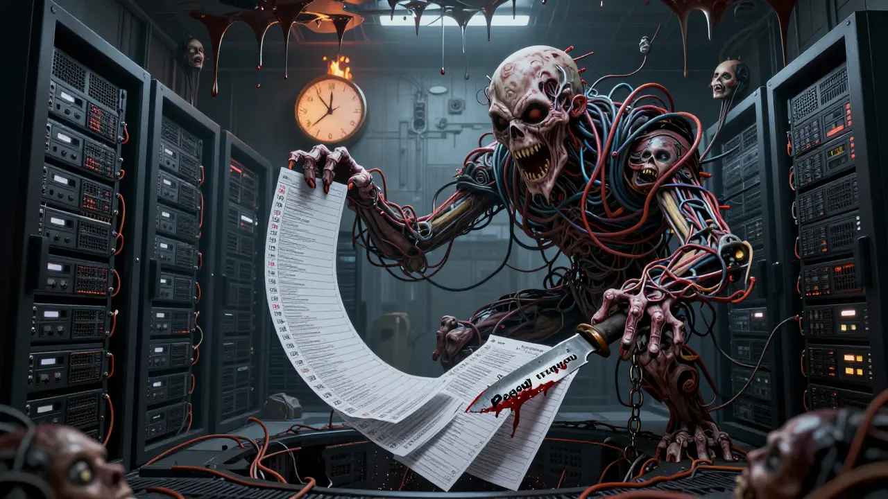 A creature made of request queues and wires drags long tokens into a pit while using a bloody knife to manage memory.
