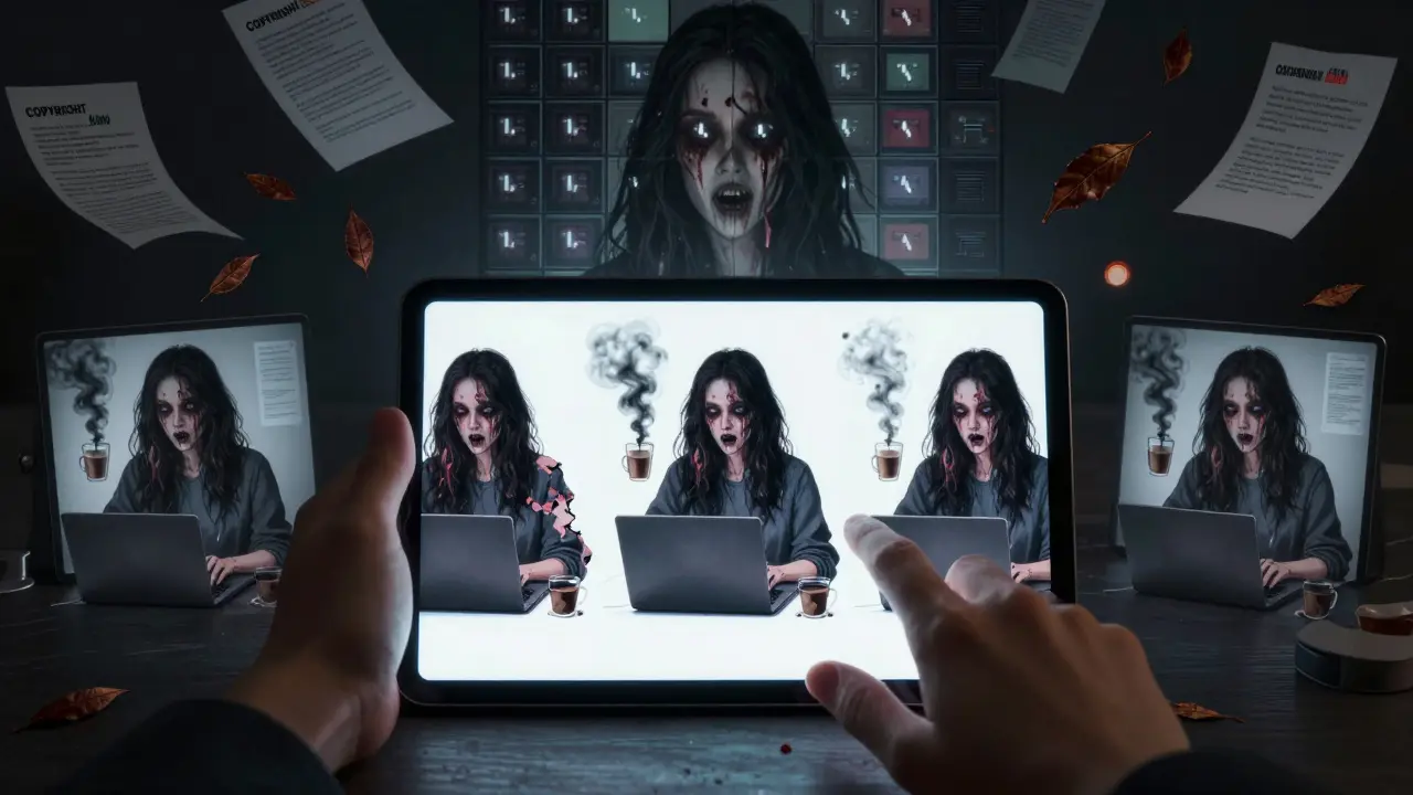 A designer's hand reaching toward grotesque AI-generated illustrations that are decaying into pixels and smoke, their face dissolving into UI elements.