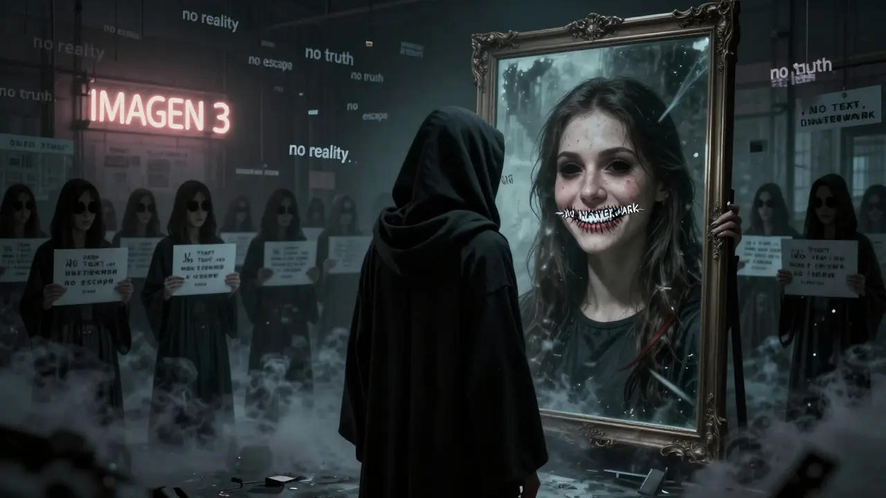 A figure before a mirror showing a stitched-smiling reflection in dark horror art.