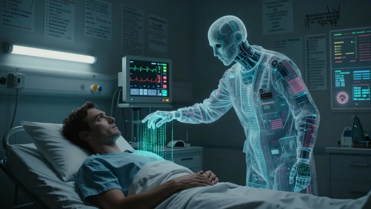 A ghostly AI entity hovers over a patient, its form made of medical data, with hallucinated diagnoses bleeding from the walls.
