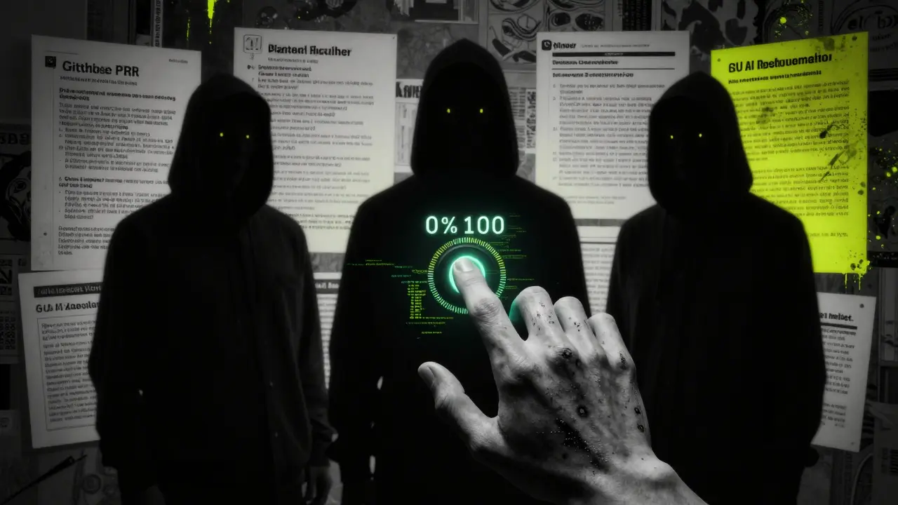 A hand near a glowing autonomy dial while three shadowy AI figures stand in a ritual circle, featureless and watching.