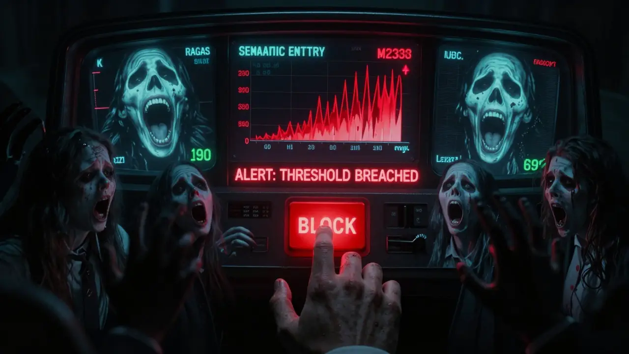 A haunted dashboard showing hallucination metrics as screaming faces, with a hand hesitating to block them.