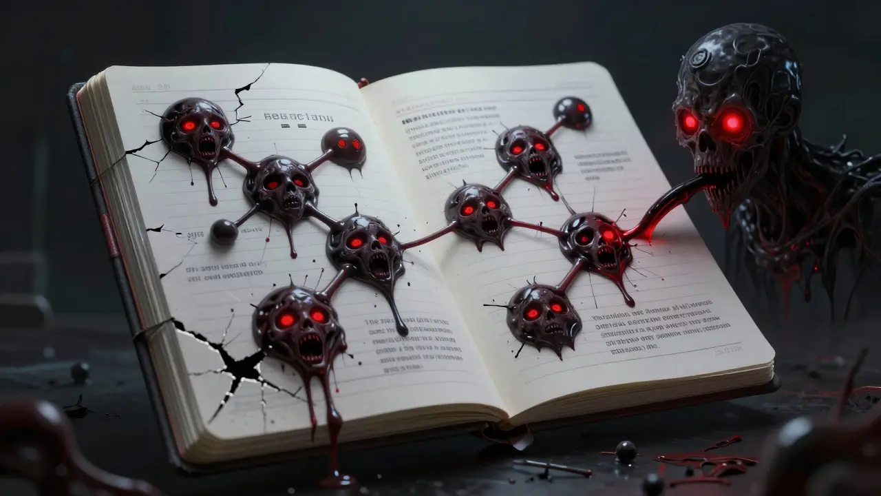 A haunted electronic notebook oozing failed drug candidates with screaming faces.