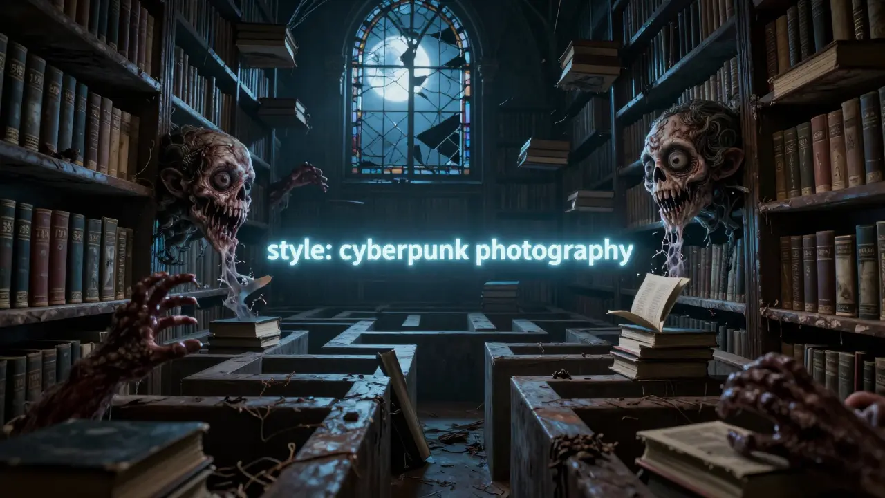 A library of seed-numbered books spewing grotesque creatures under cold moonlight.