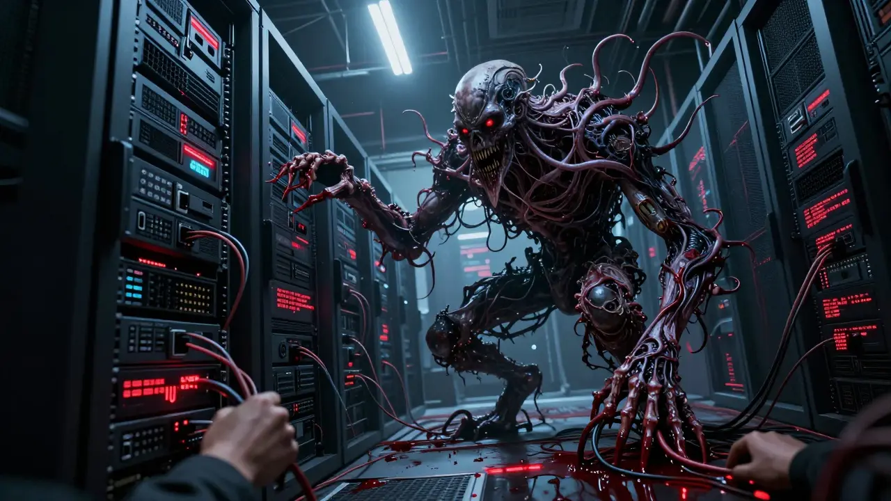 A monstrous AI entity made of code tentacles emerging from servers, bleeding error logs, under flickering industrial lights.