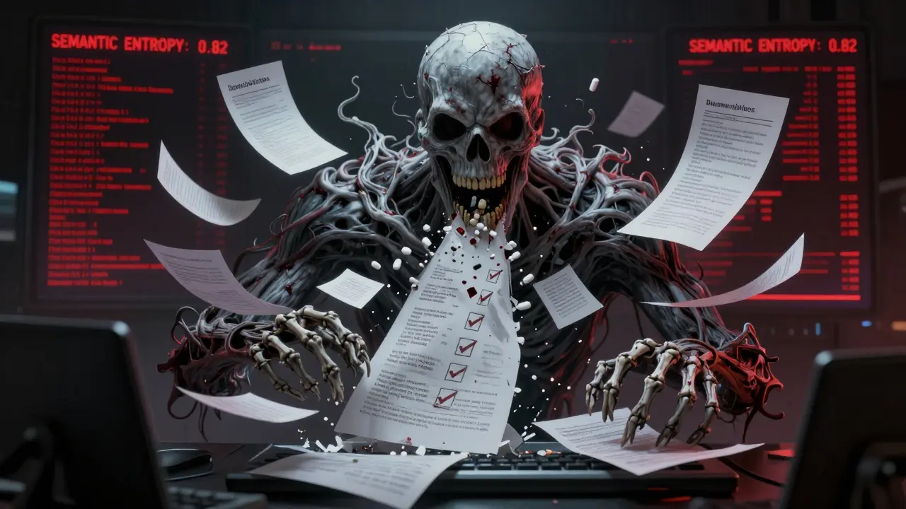 A monstrous AI made of corrupted documents looming over a terrified engineer, spewing false information.