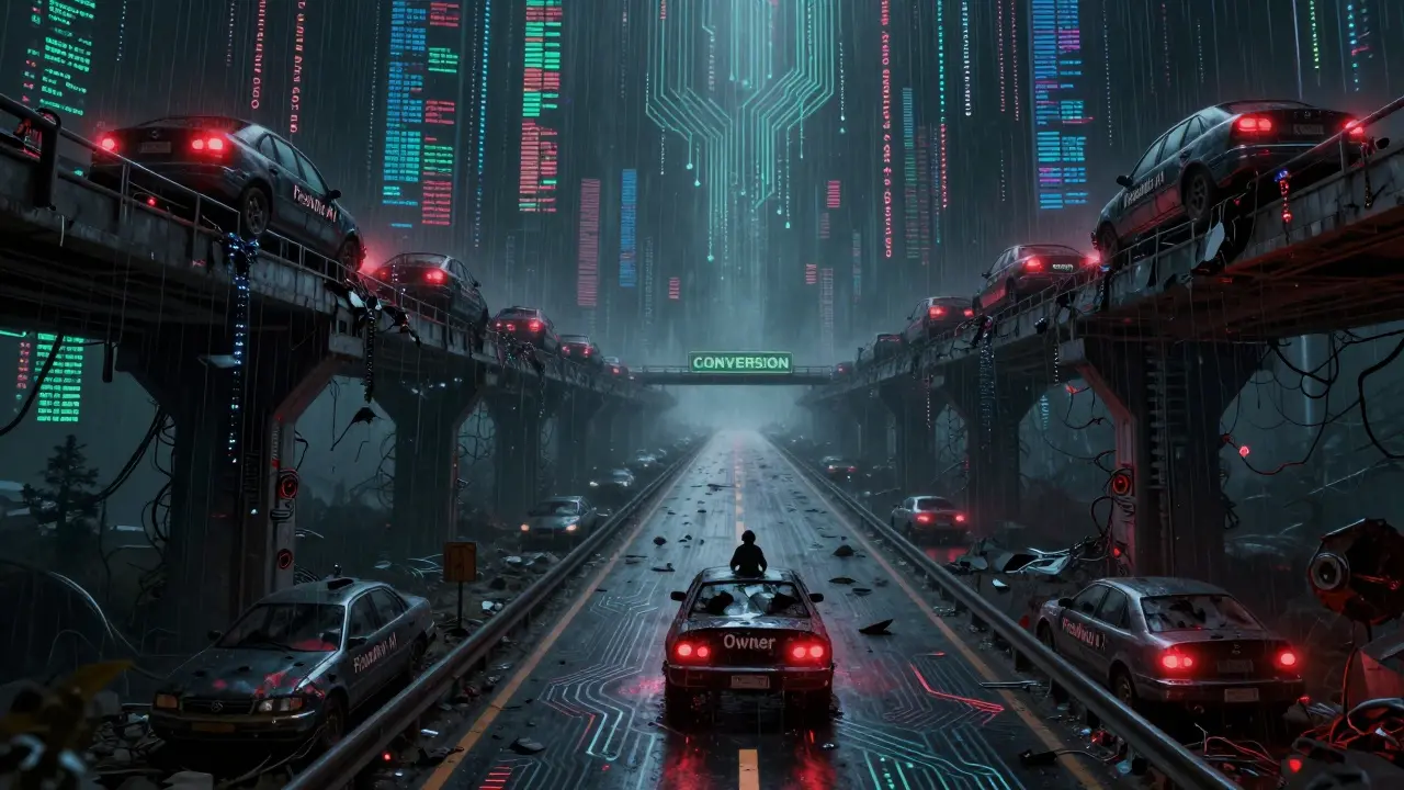 A monstrous highway of code crushing flexible AI cars, leading one vehicle toward a glowing conversion exit.