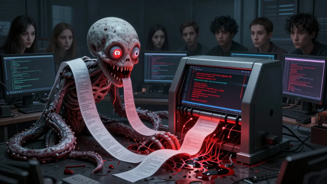 A monstrous linter machine with YAML tentacles drilling into a bleeding codebase, while developers dissolve into meaningless code names.
