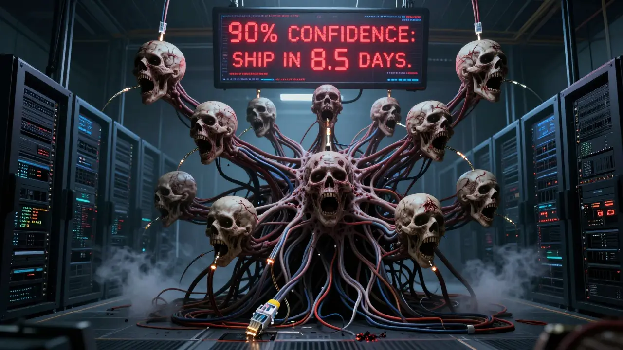 A monstrous neural network fed by developers' suffering, with blood-red delivery forecasts pulsing above.