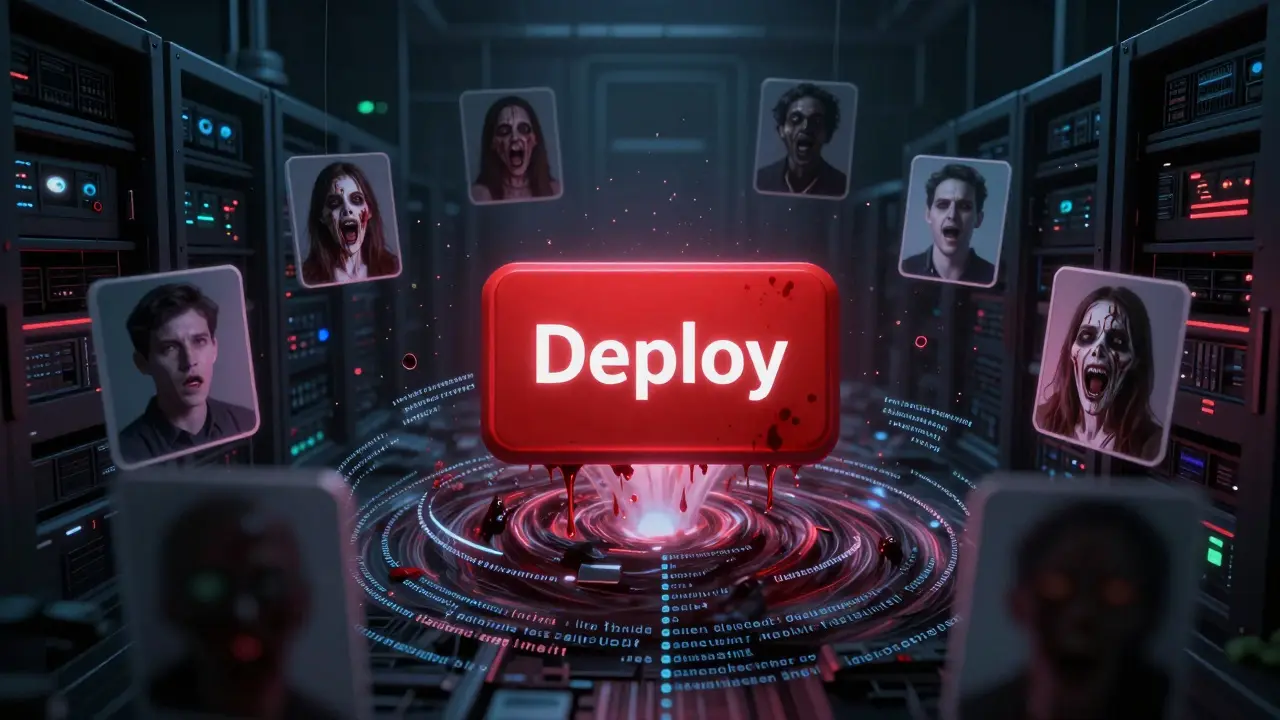 A pulsing red Deploy button drains the souls of developers into a vortex of live URLs.