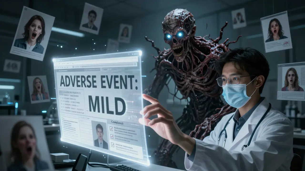 A researcher reaching toward an AI entity made of regulatory documents, surrounded by trapped patient avatars.