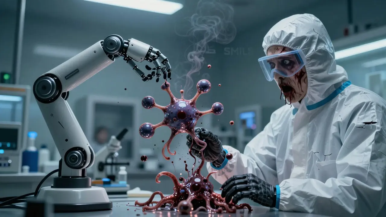 A robotic arm assembling a writhing, bleeding molecule in a dying lab.