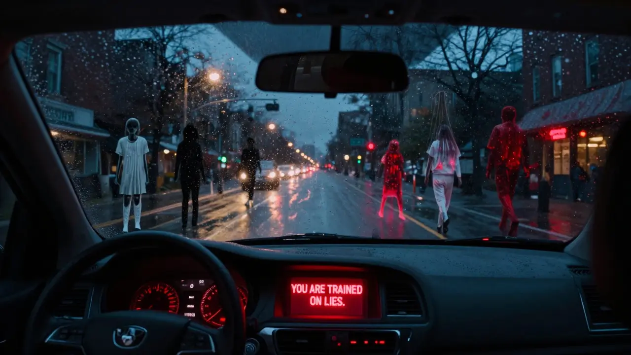 A self-driving car sees ghostly, pixelated pedestrians in a rainy night scene, sensors glowing red with corruption.