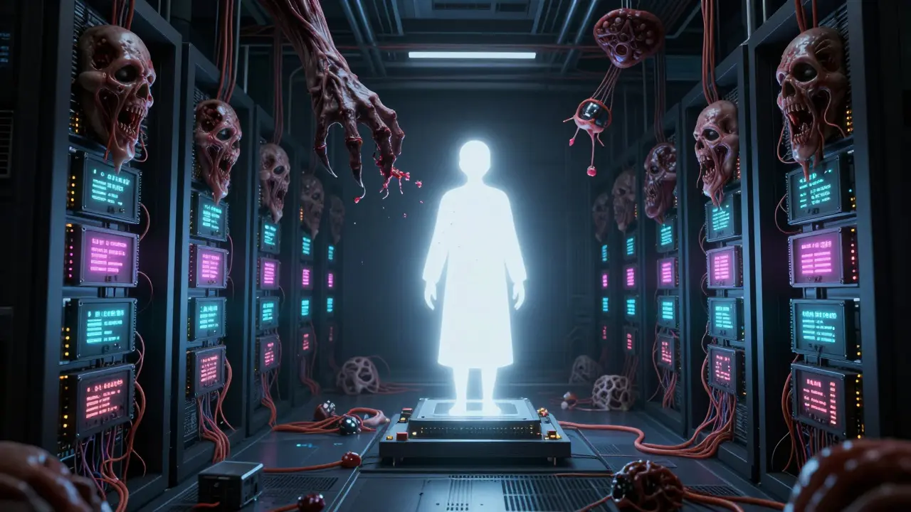 A server room with fleshy adapter organs hanging from ceilings, while a pristine LoRA model glows silently amid chaos.