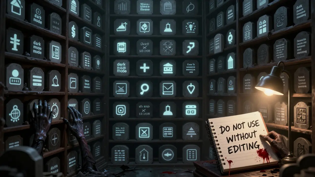 An endless haunted archive of AI design assets, each one pulsing with corrupted text as spectral hands reach to consume them.