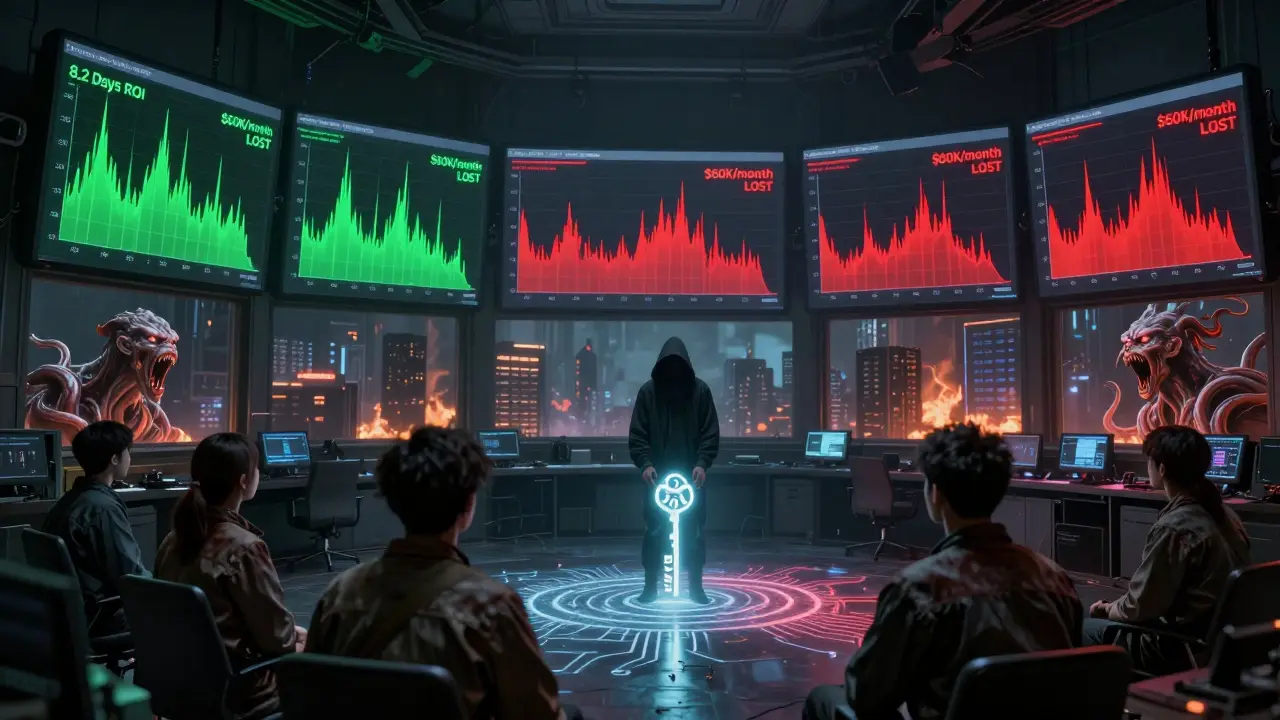 Engineers stare at screaming GPU graphs as a shadowy figure holds a glowing key above a circuit-trace ritual circle.