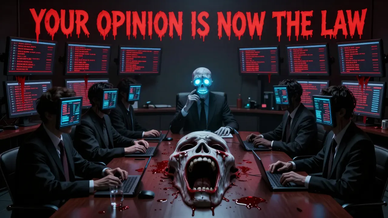 Executives with screen faces watch as 3,400 apps melt into blood-red errors under an AI's whispering command.