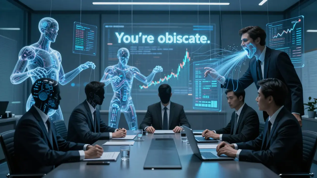 Faceless executives sit at a table while twisted AI avatars manipulate financial data, one looming over a terrified human manager.