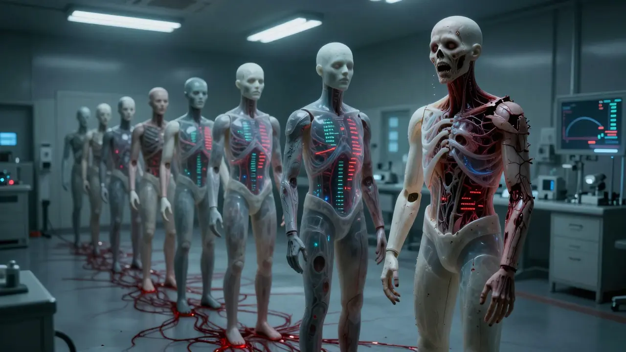 Faceless patient dummies with internal corrupted statistics, one cracking open to reveal a screaming face.