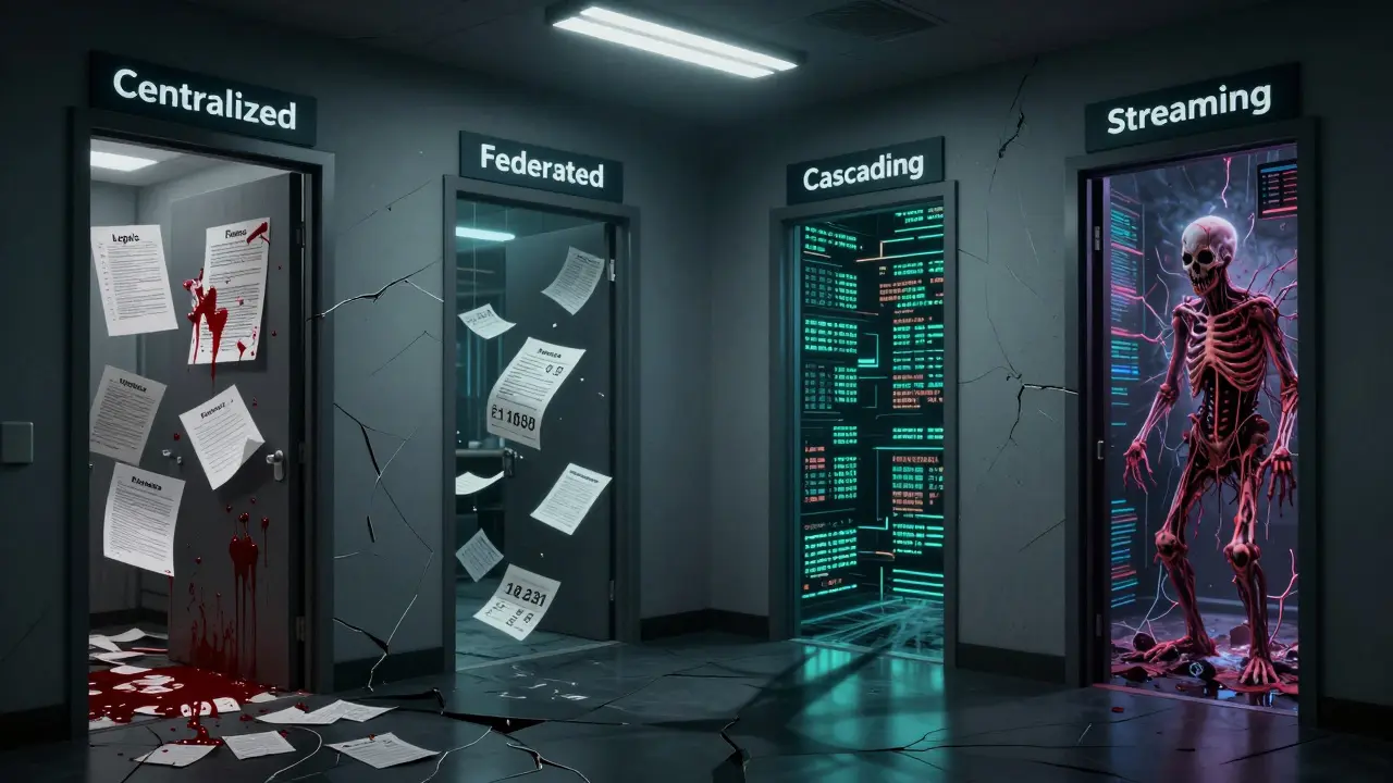 Four nightmare doors representing RAG architectures, each revealing a horrifying data dimension under flickering lights.