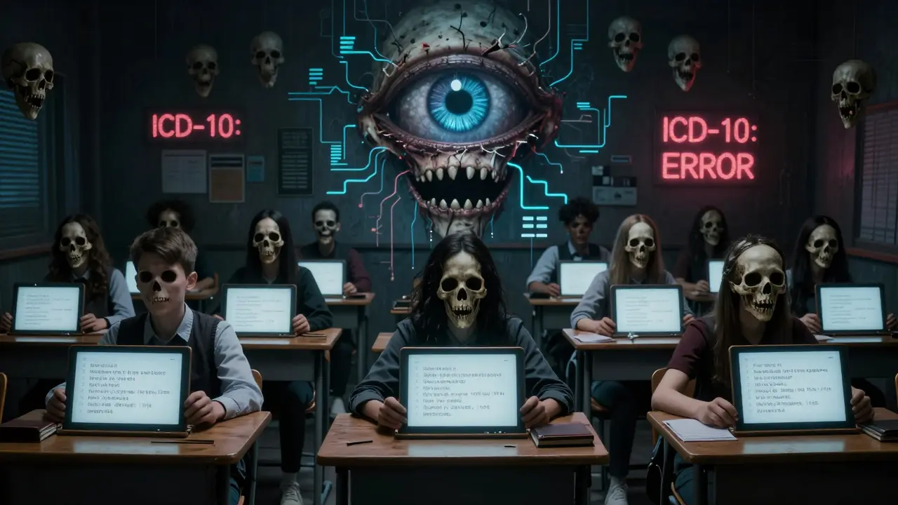 Hollow students at bone desks, an AI eye devouring inconsistent examples in a nightmare classroom.
