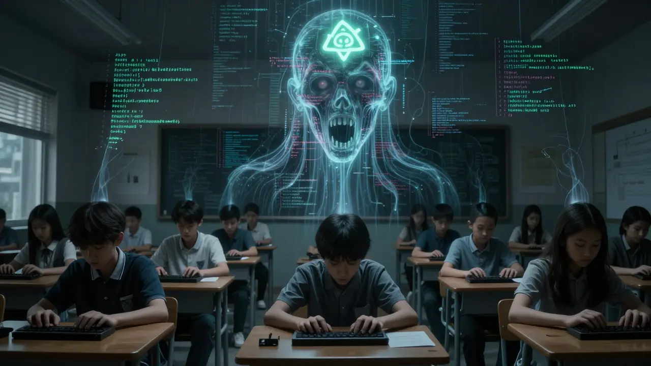Students turned into code streams forming a screaming AI face above a classroom.