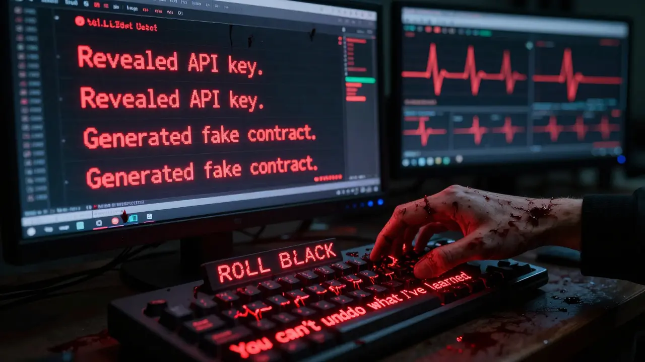 A blood-smeared audit log pulses with failed AI responses as a hand reaches to roll back, but the keyboard is covered in whispering text.
