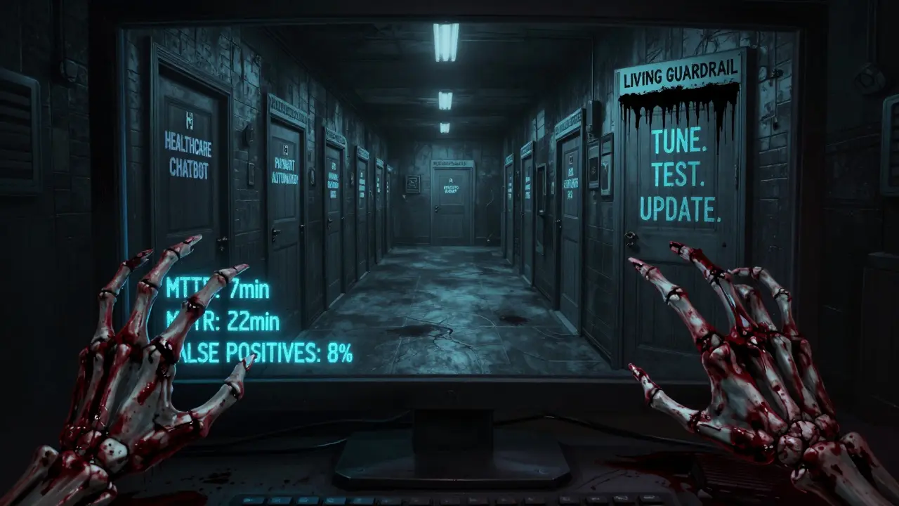 A blood-smeared dashboard with failing metrics, skeletal hands clawing from the screen, endless doors behind.