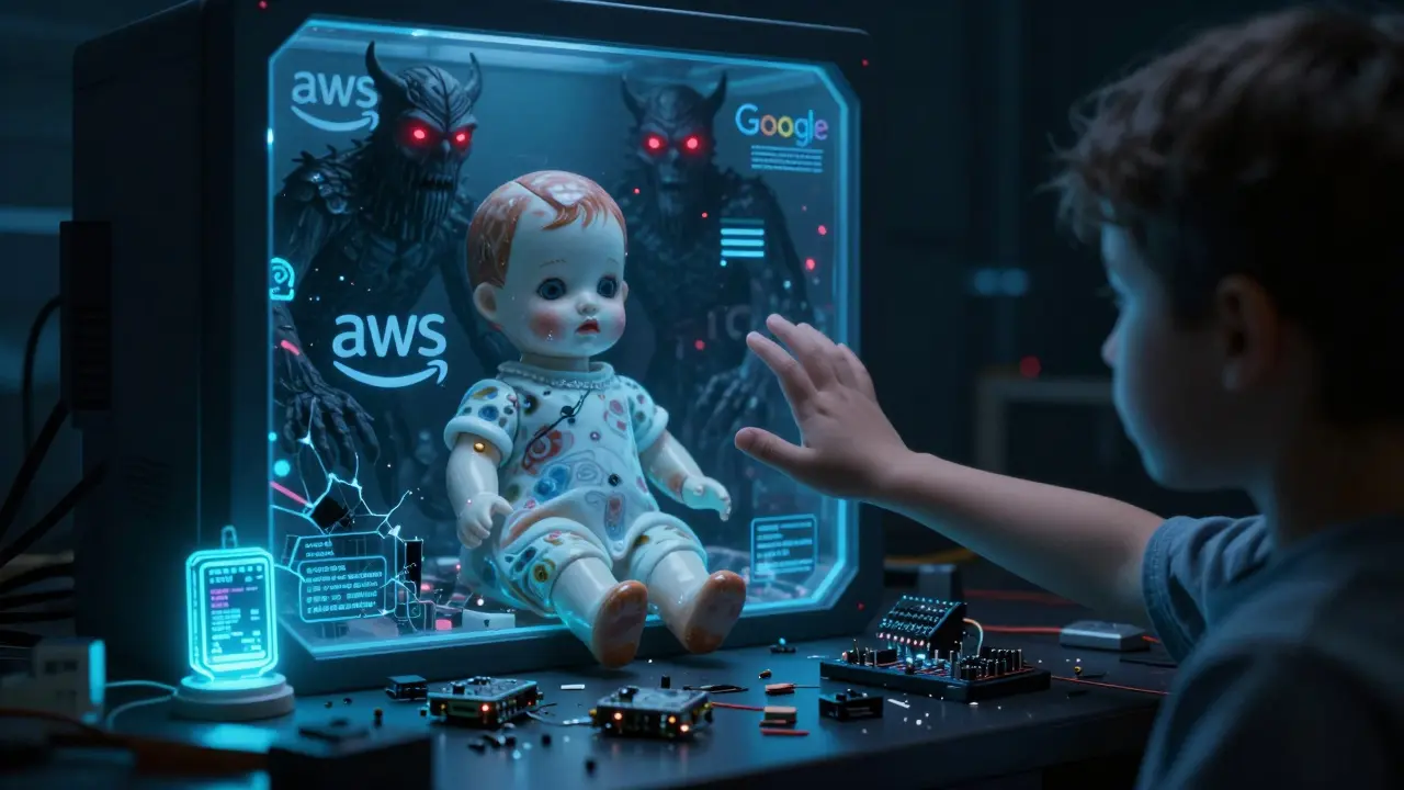 A child's hand pulling a doll with a terrified face from an AI terminal, shadowy corporate figures looming behind.