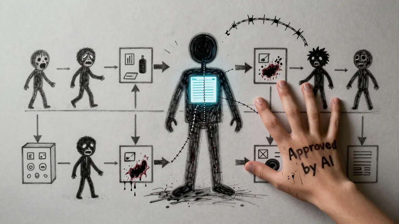 A child's roadmap drawing transforms into a nightmare of screaming users and barbed wire, with a hollow AI agent stitching requirements from complaints.