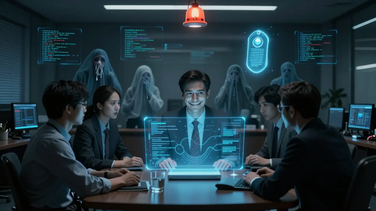 A corporate boardroom where an AI assistant smiles with stitched license texts, while ghostly developers lose their products to open-source chaos.