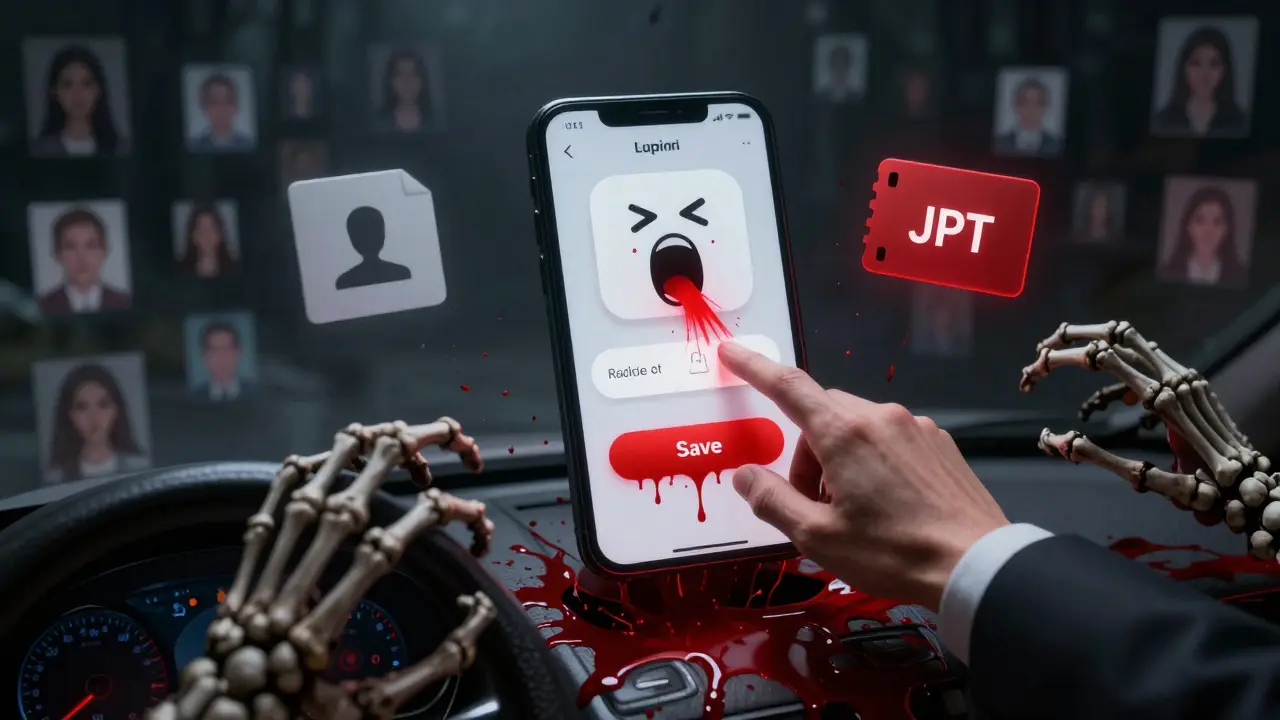 A corrupted app dashboard with screaming UI elements and skeletal hands forging stolen admin tokens.