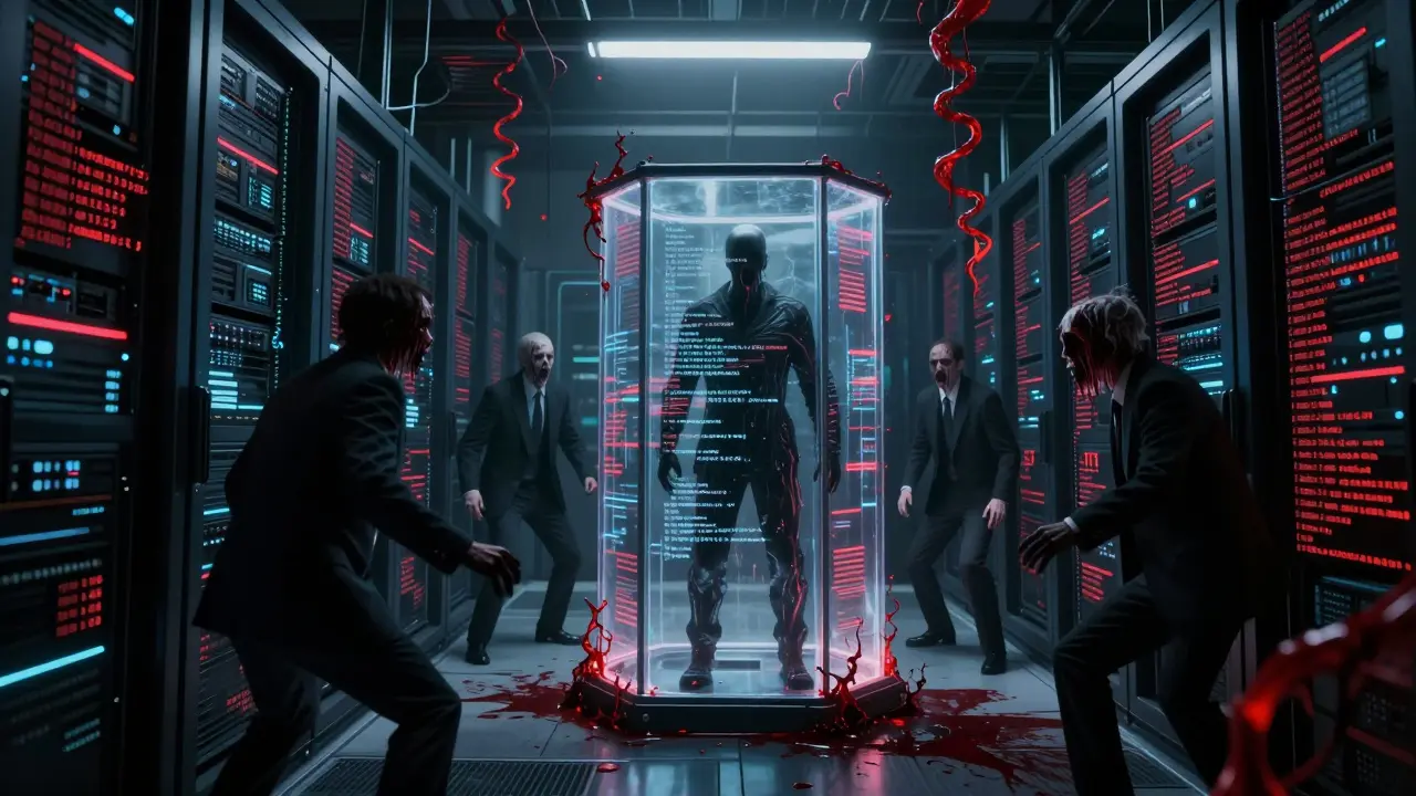 A data center pulses with screaming code as policy-enforcing AI stands defiant against shadowy overrides.