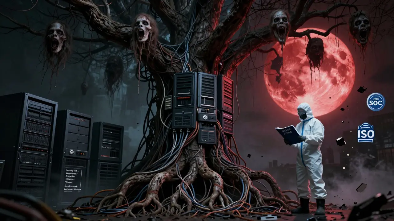 A decaying tree of servers feeds on stolen data, with AI faces screaming under a COSAIS moon.