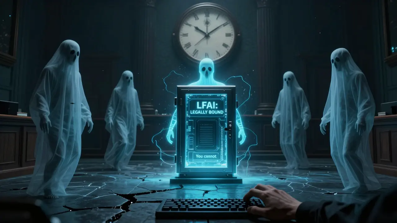 A glowing ethical AI agent stands surrounded by the ghosts of failed AIs in a haunted digital courtroom.