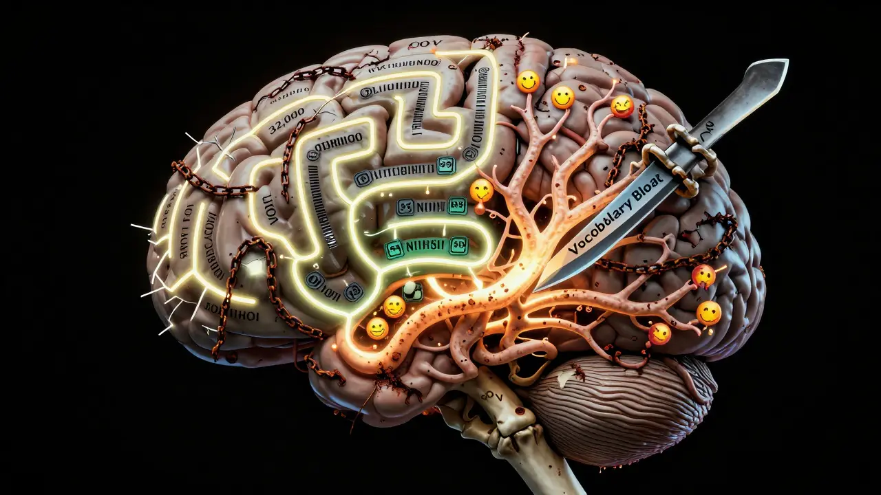 A human brain with thin and thick neural pathways representing token vocabularies, some rotting.