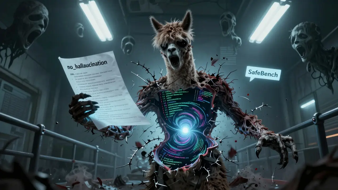 A humanoid figure of code with crumbling safety guardrails, one hand holding an XML rule file, surrounded by whispering faces.