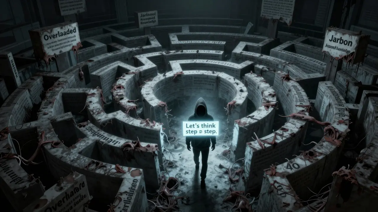 A maze of corrupted prompt text, with one glowing phrase lighting the way to effective AI communication.