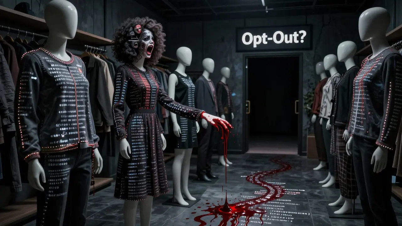 A midnight retail store with mannequins made of customer data, glowing threads dripping like blood toward a dark doorway.