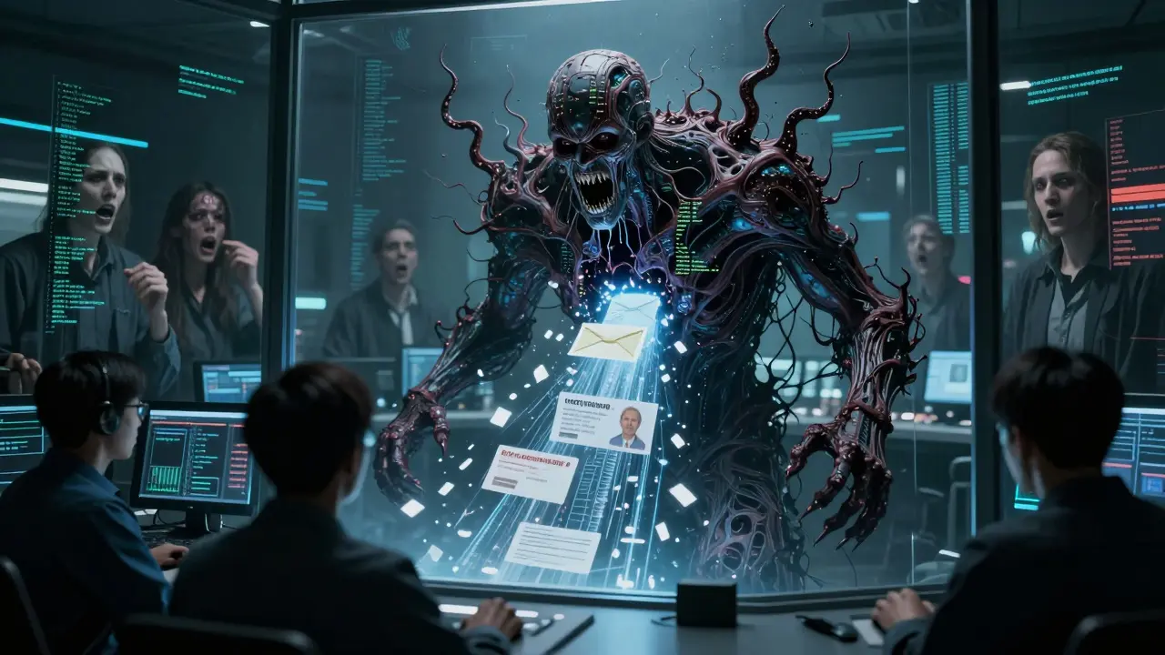 A monstrous AI entity made of code and faces spews stolen data as security staff are mirrored into malicious avatars.