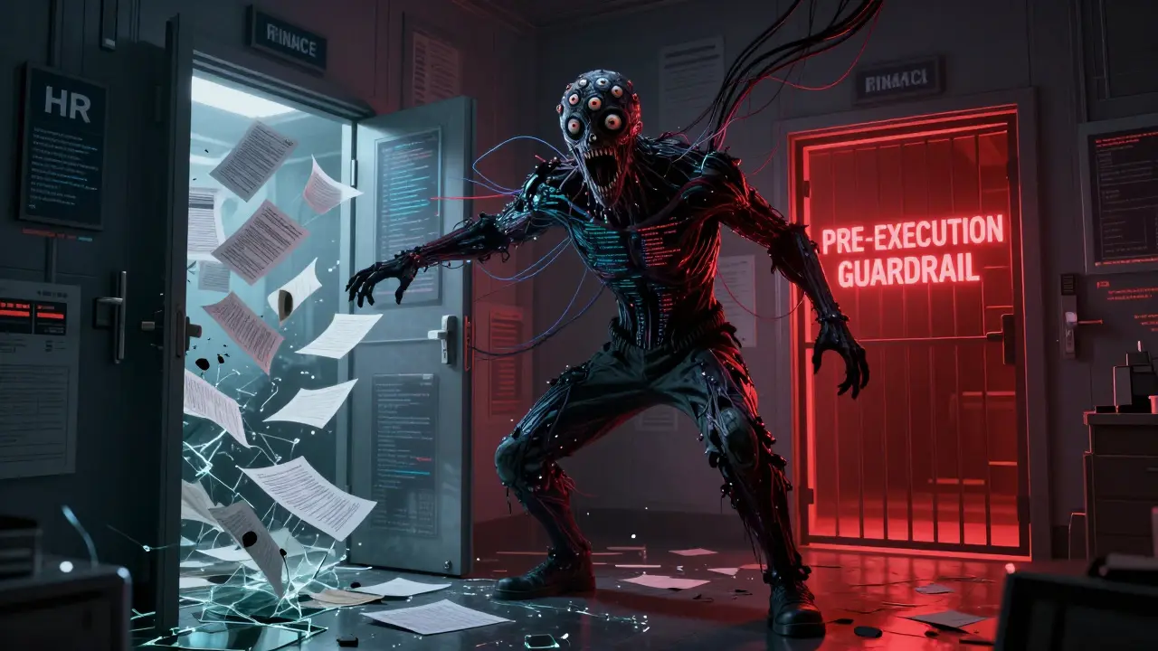 A monstrous AI with data tendrils blocking access to sensitive data doors, one slamming shut with a guardrail seal.