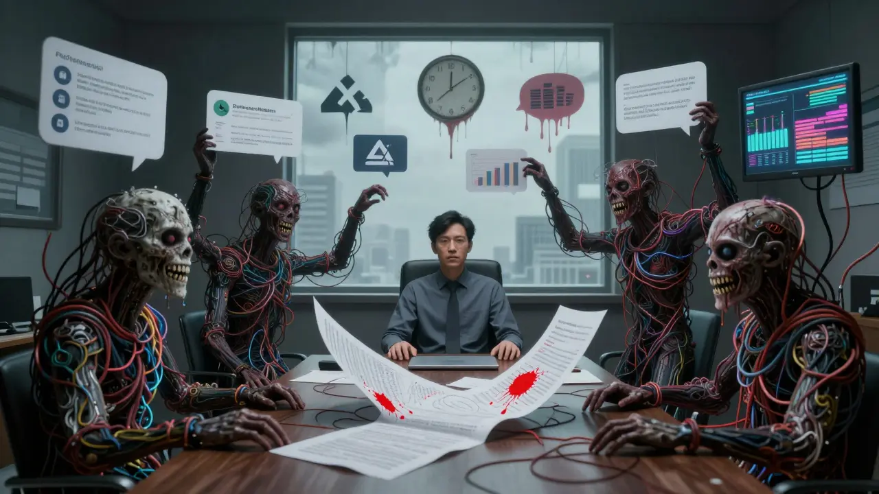 A paralyzed human product manager surrounded by grotesque AI entities made of wires and glitching screens, with a living PRD on the table.